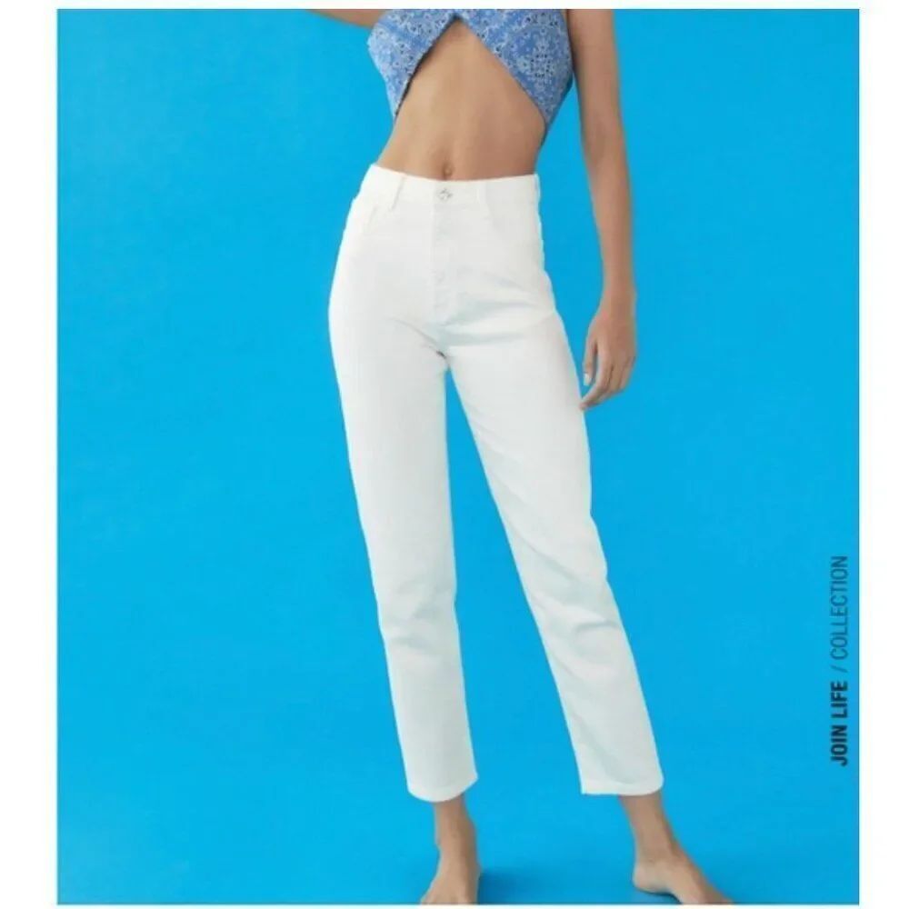 Zara Womens Mom Fit Jeans EU 44 US 12 Hi Rise slim leg White Denim 7223/021 NWT